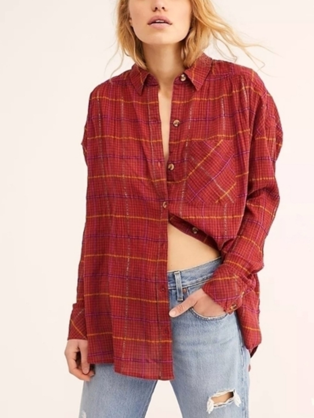 Free People Break My Stride Buttondown Top XS Cotton "Sherry Combo" Oversized